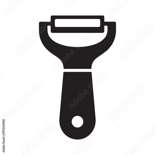 A simple black and white illustration of a kitchen vegetable peeler tool