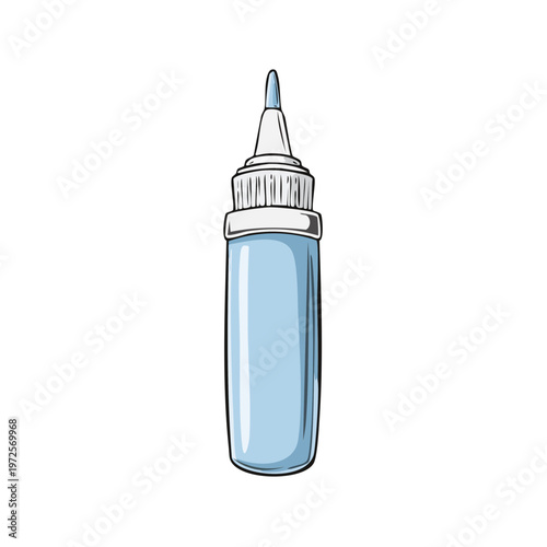 Hand-drawn illustration of a light blue cosmetic dropper bottle with a white cap and applicator