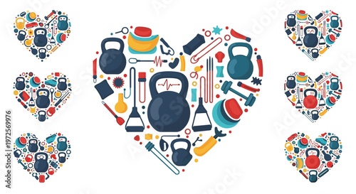 Large heart shape composed of various fitness and gym equipment icons in blue, red, and yellow highlights a passion for health, exercise, and bodybuilding.