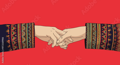 Two hands wearing traditional patterned sleeves are shown interlocking fingers against a vibrant red background, symbolizing friendship, unity, and connection.