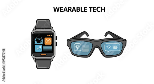 Illustration of a smartwatch and smart glasses representing modern wearable technology concepts and digital interfaces.