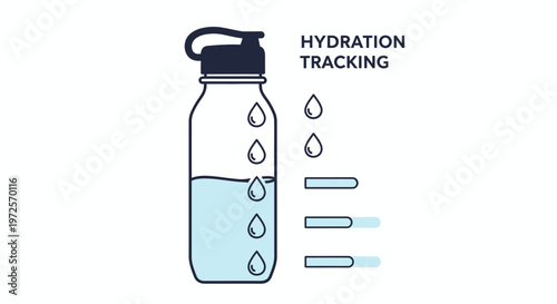 A simple illustration showing a water bottle and water drops next to "HYDRATION TRACKING" text and progress bars, representing daily water intake monitoring.