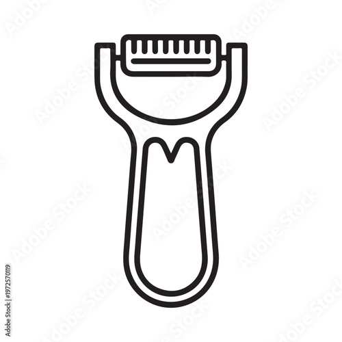 Simple black and white line drawing of a kitchen vegetable peeler tool