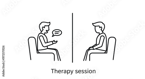 Line art illustration depicting a therapy session with two individuals sitting in chairs, one speaking and the other listening, symbolizing mental health support and counseling.