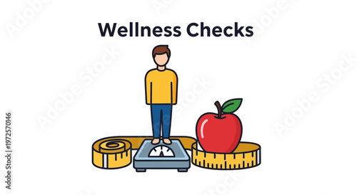 Illustration of a person on a weighing scale with measuring tapes and an apple, representing wellness checks and health monitoring.