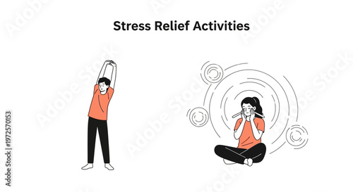 Illustrations depicting stress relief activities, with one person stretching and another experiencing mental distress, highlighting methods for well-being.