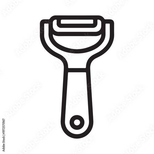 Simple black and white line drawing of a kitchen peeler for vegetable preparation