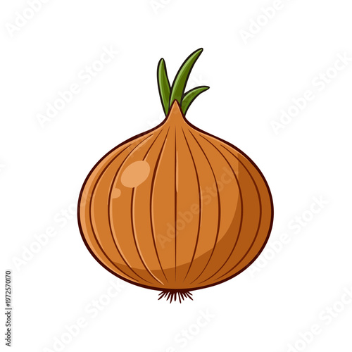 Hand drawn illustration of a single whole brown onion with green sprouts and rootlets