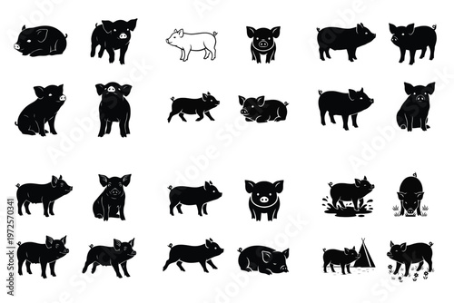Collection of black pig and piglet silhouettes in various poses on a white background, ideal for farm animal illustrations and graphic designs.