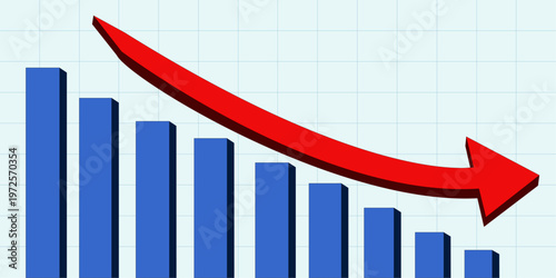 Bar chart with downward red arrow representing business decline, financial loss and negative trend. Concept of crisis, recession and decreasing performance.