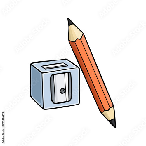 Simple cartoon drawing of an orange pencil next to a blue pencil sharpener