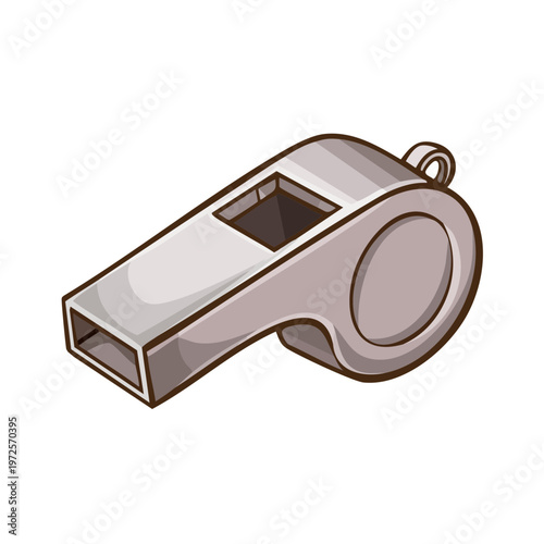 Close-up of a silver, cartoon-style sports whistle with a loop for a lanyard or cord