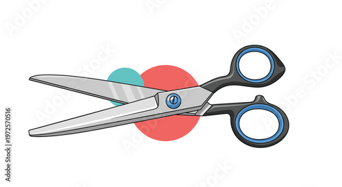 Pair of professional metal scissors with black and blue handles is displayed against decorative circles, representing cutting, tailoring, and office tools.