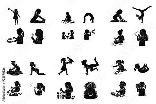 Silhouette collection of girls engaged in various childhood activities, including play, sports, cooking, and creative hobbies, representing diverse interests and healthy development.