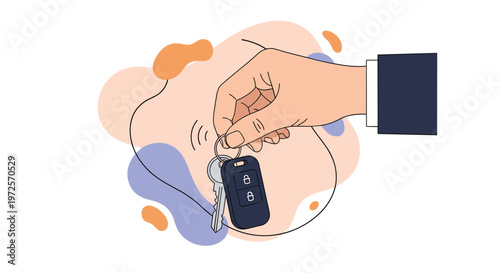 Professional hand in a dark suit sleeve holds a set of car keys with a remote fob against a colorful abstract background, representing vehicle ownership.