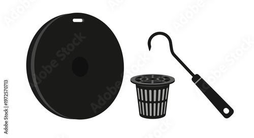 Sewer Maintenance Kit with Manhole Cover, Metal Hook and Drainage Filter Basket flat vector