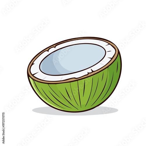 Vibrant green halved coconut with white flesh and light blue water isolated on white background