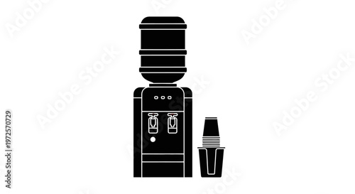 Water Dispenser Machine with Plastic Bottle and Disposable Cups - Office and Home Hydration Concept flat vector