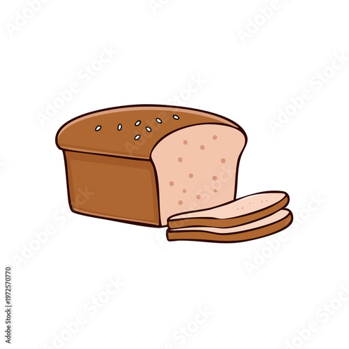 Loaf of brown bread with two slices cut off shown in a simple cartoon illustration