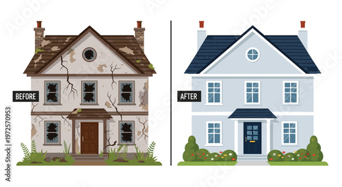 Comprehensive architectural transformation illustrates a derelict two-story residence with cracked walls becoming a pristine light blue home with bushes.