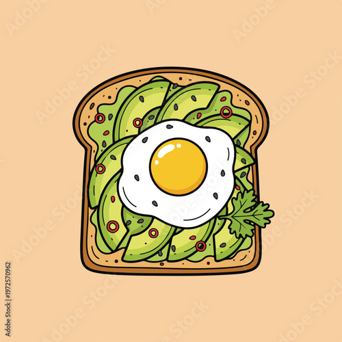 A colorful vector graphic depicts a piece of toast layered with fresh avocado slices, a sunny-side-up egg, sesame seeds, and chili flakes.