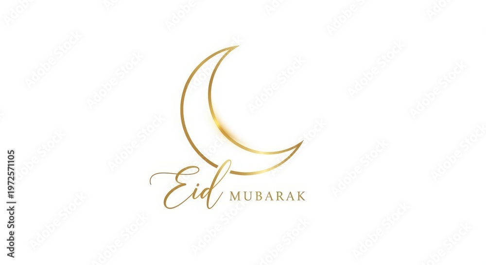 Fototapeta premium Golden Crescent Moon and Eid Mubarak Text, Elegant and Festive, Gold on White Background, Clean Vector Graphic for Islamic Holiday Greeting Card.