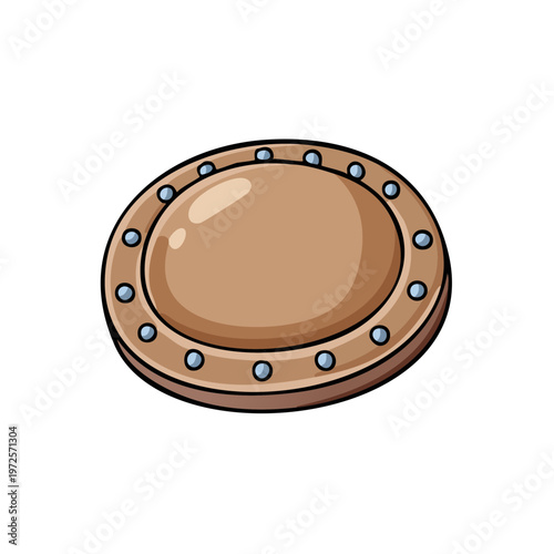Round wooden shield with metallic studs and brown leather trim cartoon illustration