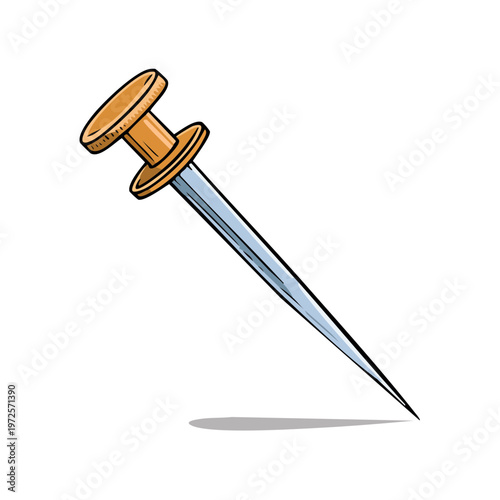 Sharp Drawing Pin with Wooden Handle Pointing Downward Isolated on White