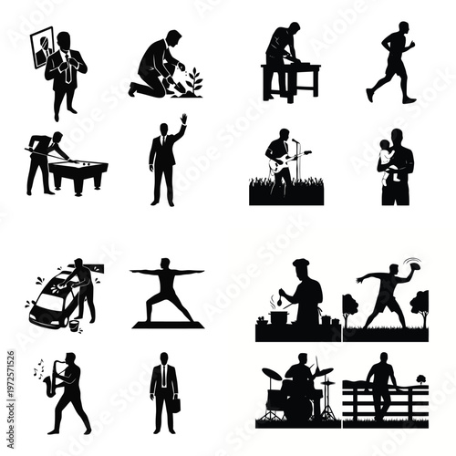 Diverse silhouettes of men performing various daily activities, hobbies, and professions like business, sports, music, and home tasks, representing modern male lifestyles.