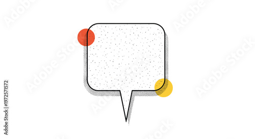 Square speech bubble with a textured dot pattern and colorful circles serves as a stylish graphic element for quotes, dialogue, and creative messaging.