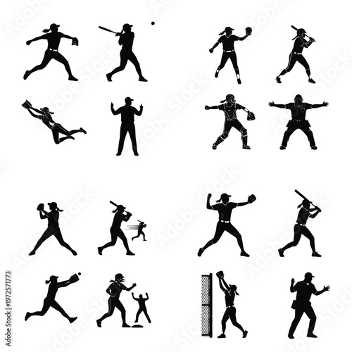 Dynamic silhouettes of female softball players in various action poses including pitching, batting, catching, and fielding, isolated on a white background.