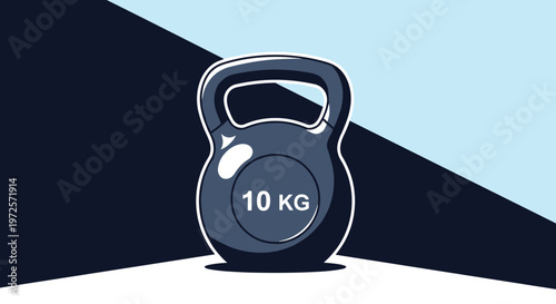 Heavy black kettlebell weighing ten kilograms is displayed on a high contrast dark and light blue background for fitness and strength training themes.