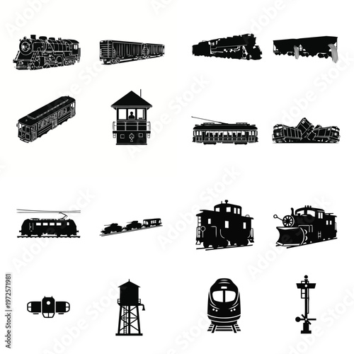 Diverse collection of railway transportation silhouettes including trains, trams, and infrastructure elements.