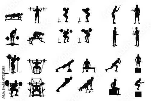 Silhouettes of men performing various fitness and strength training exercises including weightlifting and bodyweight workouts.
