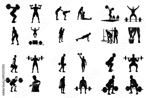 Fitness and weightlifting silhouettes set featuring various gym exercises like squats, deadlifts, and dumbbell workouts for strength training and healthy lifestyle.