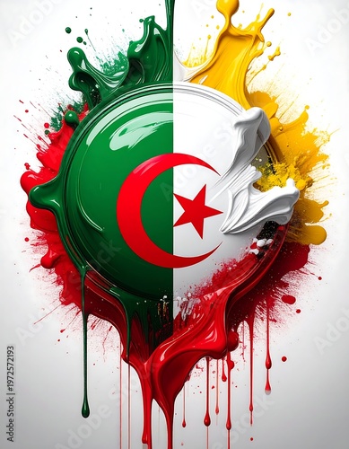 Dripping sphere, half flag colours and star-crescent, half white and yellow paint on white background