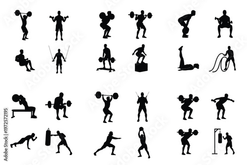 Collection of fitness exercise silhouettes including weightlifting, cardio, and strength training poses