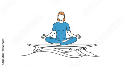 Minimalist illustration of a person practicing meditation and yoga on a surfboard, finding balance and serenity amidst ocean waves.