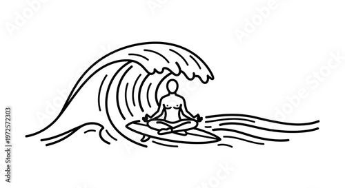 Meditating surfer in lotus pose on a surfboard under a powerful ocean wave, symbolizing peace, balance, and mindfulness in extreme sports.