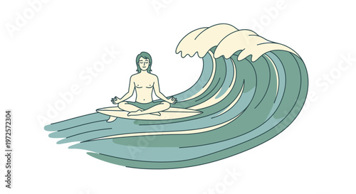 Man meditating on surfboard in middle of large ocean wave, symbol of inner peace and harmony with nature
