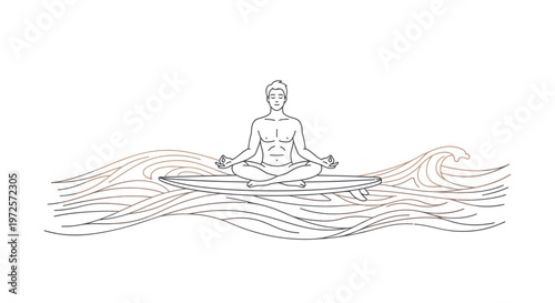 Zen surfer meditating peacefully on a surfboard in a calm ocean, embodying mindfulness, balance, and spiritual well-being. Minimalist line art illustration.