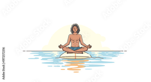Peaceful man meditating on a surfboard in lotus position, finding tranquility and balance on the water. Calm illustration of mindful surfing.