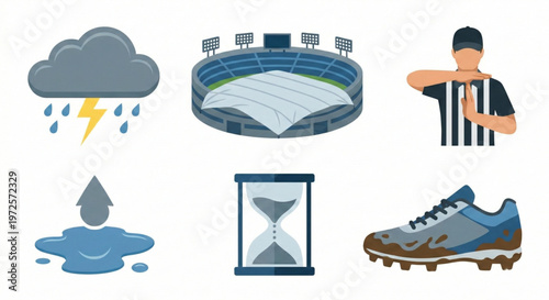 Iconic depiction of sports event disruptions caused by adverse weather conditions and time delays, showcasing game postponements and interruptions