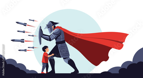 Valiant knight in full plate armor and a red cape shielding a young child from multiple incoming missiles with his shield.