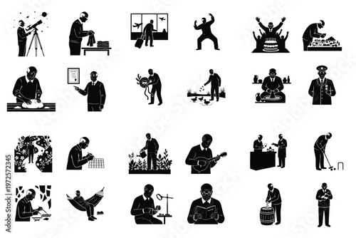 Black and white silhouettes of an older man enjoying various hobbies and leisure activities like stargazing, travel, baking, gardening, and music, representing an active retirement lifestyle.