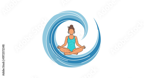 Woman meditating in lotus position inside a swirling blue wave, symbolizing inner peace and harmony with nature