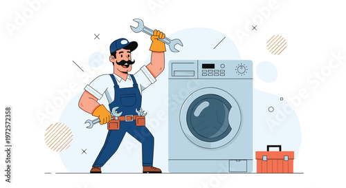 Friendly repairman or plumber with a mustache and tools in his belt standing confidently next to a white washing machine.