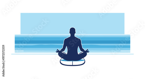 Silhouette of a person meditating in lotus position on a cushion with a serene blue background representing calm and mindfulness