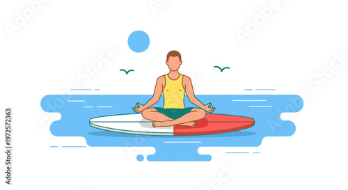 Young man meditating in lotus position on a paddleboard, floating peacefully on the calm blue water. Outdoor yoga for relaxation and mental wellness.