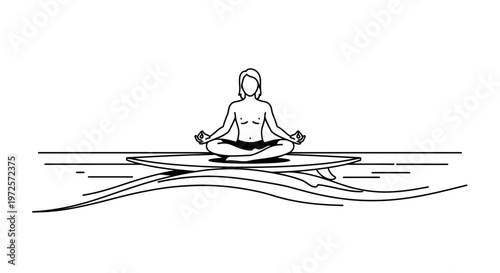 Man meditating in lotus pose on surfboard on water, symbolizing balance, peace, and mindfulness